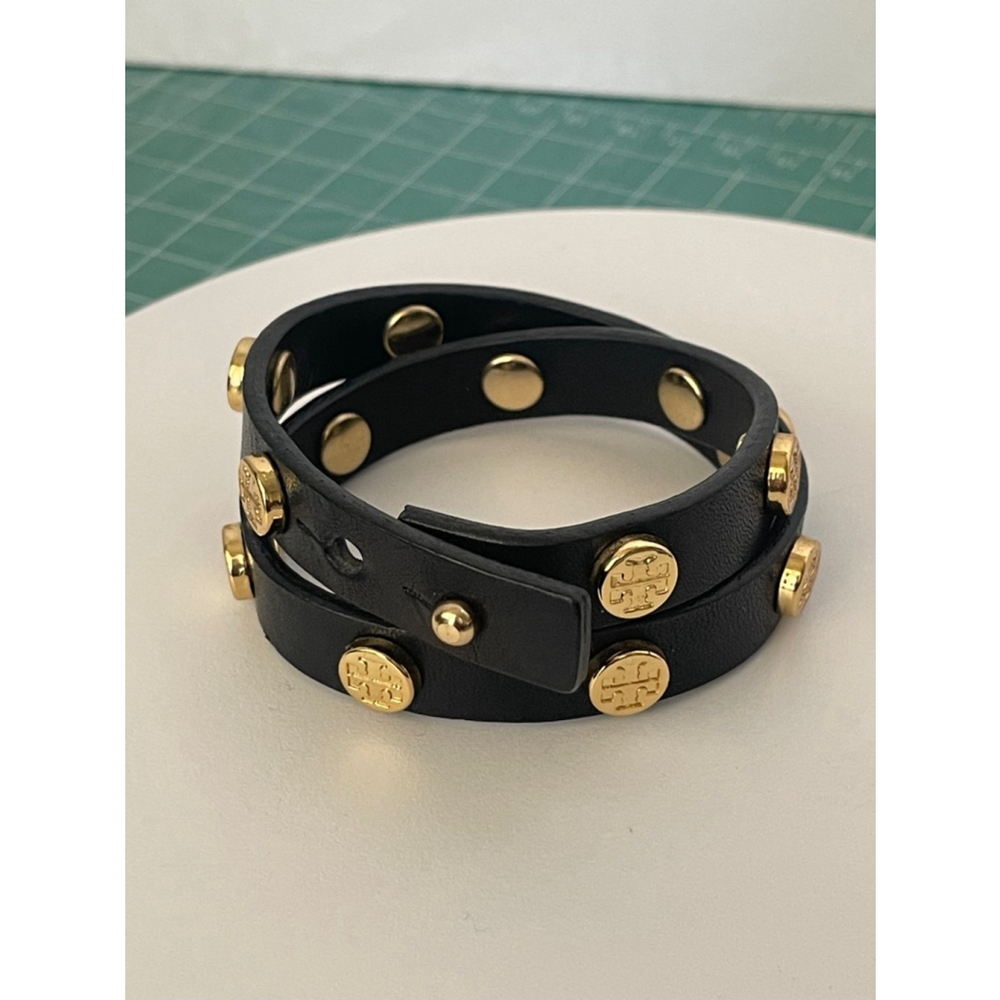 Tory Burch leather wrap bracelet black gold tone